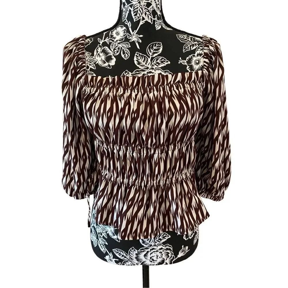 Open Edit Striped Blouse Balloon Sleeve Boat Neck Lightweight 